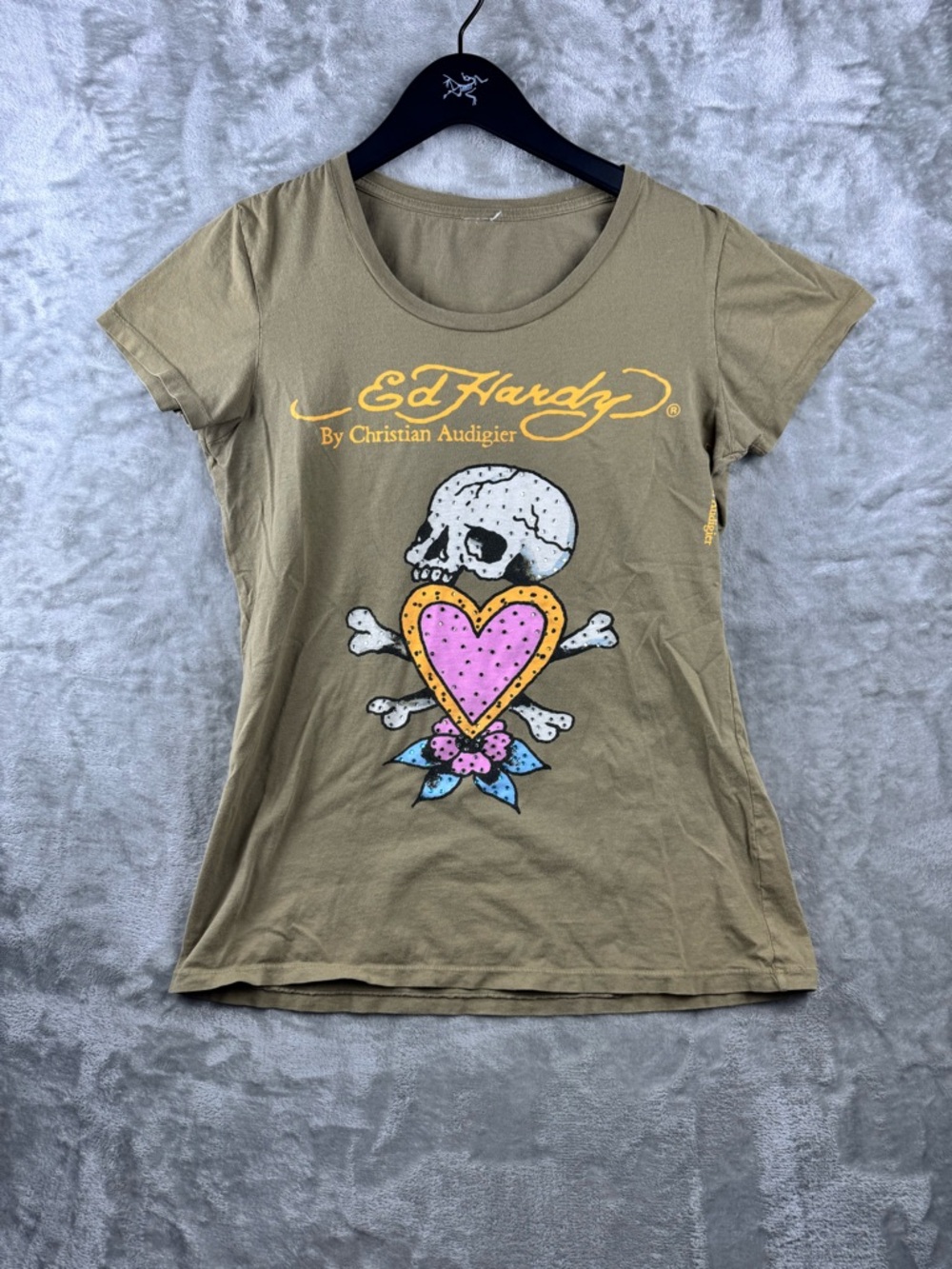 Ed Hardy Christian Audigier Long Sleeve T-Shirt Graphic Green Womens Small Y2K